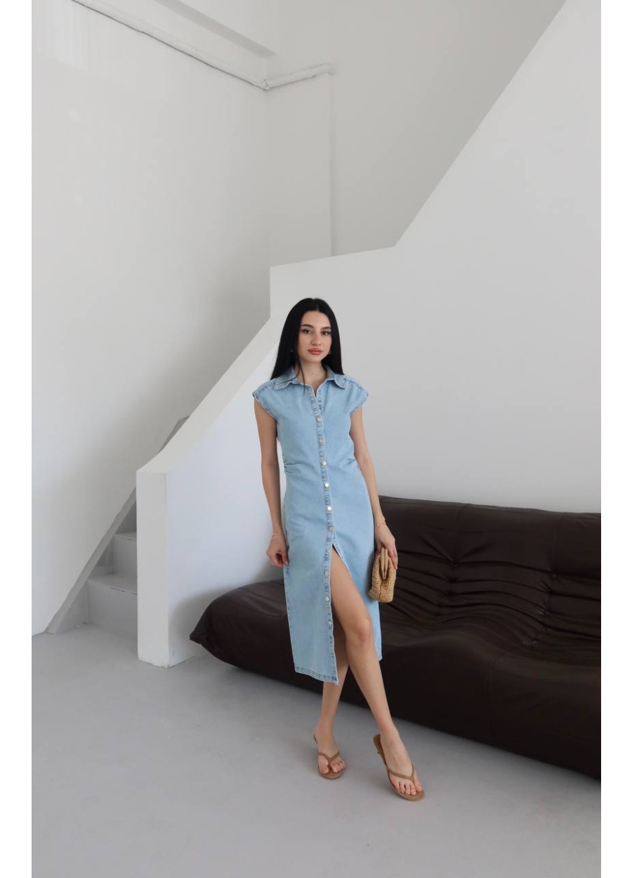Bel Büzgü Detaylı Denim Elbise